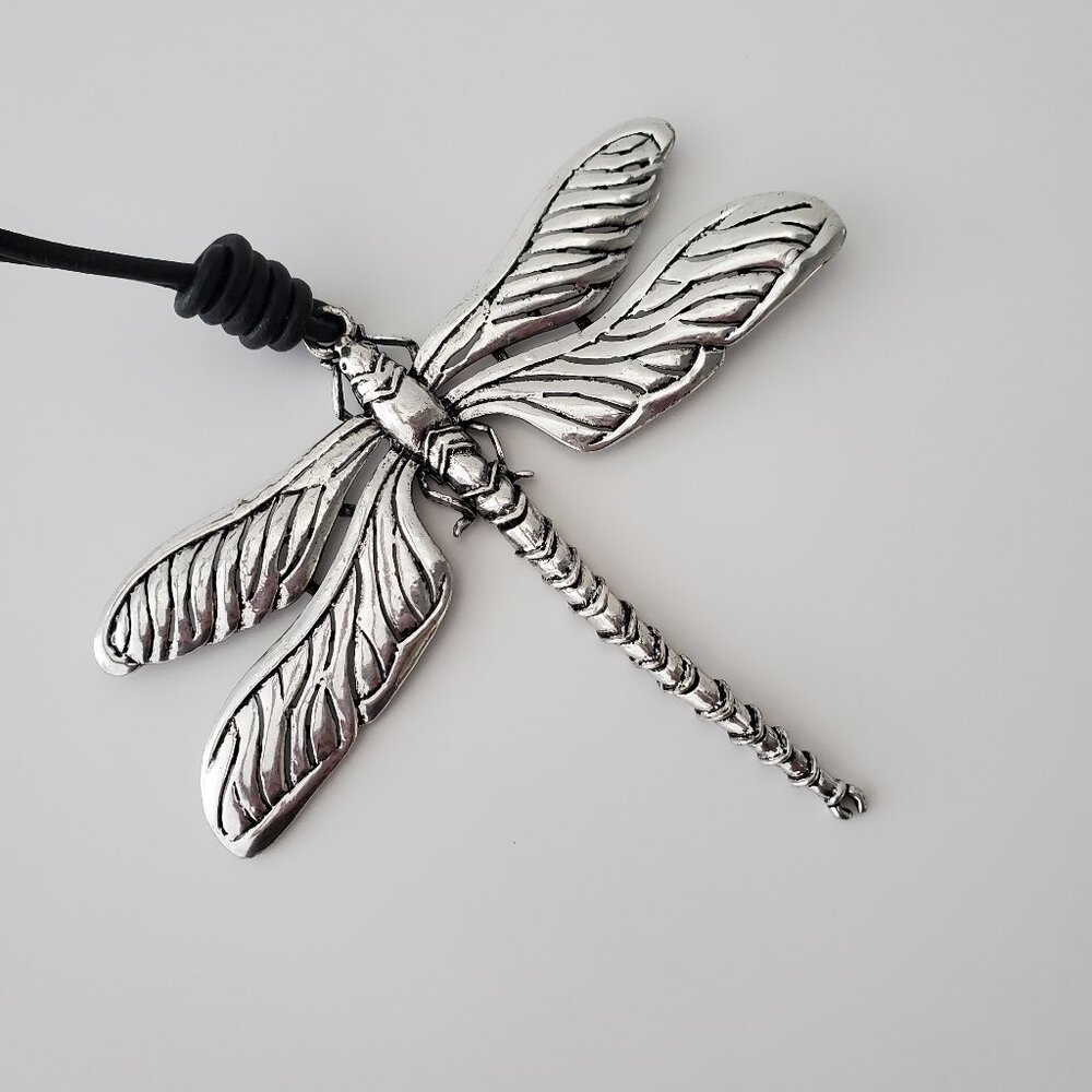 Bold Rustic Silver Dragonfly Pendant Necklace Long Leather Cord Flexible Tail